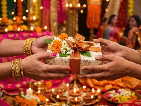 Indian women exchanging gifts during Diwali celebration , Diwali, Kali Puja, Indian Festival, Lakshmi