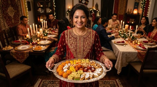 Indian woman holding sweets at Diwali celebration , Diwali, Kali Puja, Indian Festival, Lakshmi