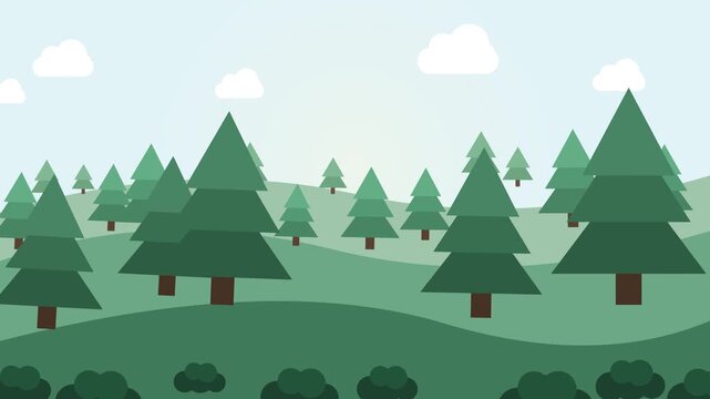 Seamless loop of a stylized 3D flat vector forest landscape with trees, bushes, and clouds swaying naturally in the wind.
