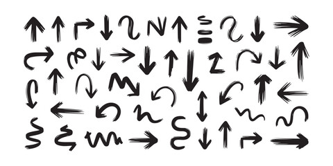 Fototapeta premium Large collection of messy black ink brush stroke arrow doodles for artistic project and grunge design.