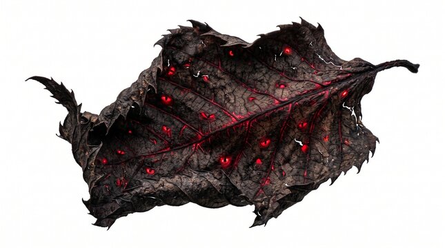 Dark gothic withered leaf with glowing evil red eyes isolated on white background, scary horror fantasy nature concept