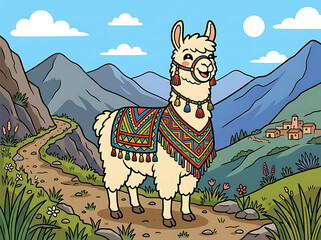 Obraz premium Cute Vector Cartoon Llama in Andes