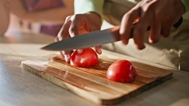 Knife slicing ripe tomato board. Close up hands chopping vegetables kitchen.