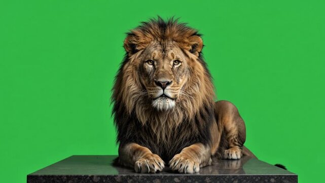 Male lion resting on granite slab blinking and looking into camera against green screen studio background
