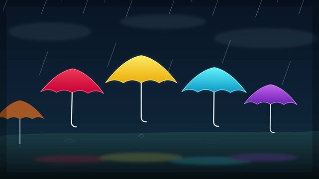 Colorful umbrellas floating gracefully in dark rainy night video motion clip background.