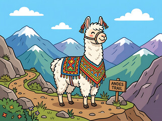 Obraz premium Cute Vector Cartoon Llama in Andes