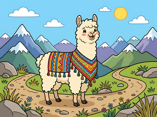 Obraz premium Cute Vector Cartoon Llama in Andes