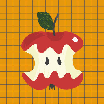 Red bitten apple core on orange grid background in simple hand drawn vector style