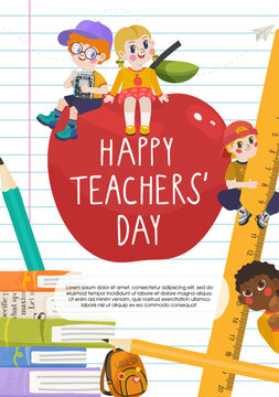 Happy Teachers Day school poster with children apple ruler books pencils and classroom elements