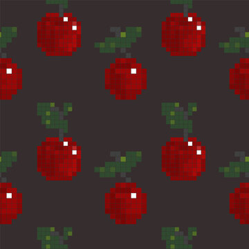 Pixel cherry seamless pattern with green leaves on dark brown background in retro vector style