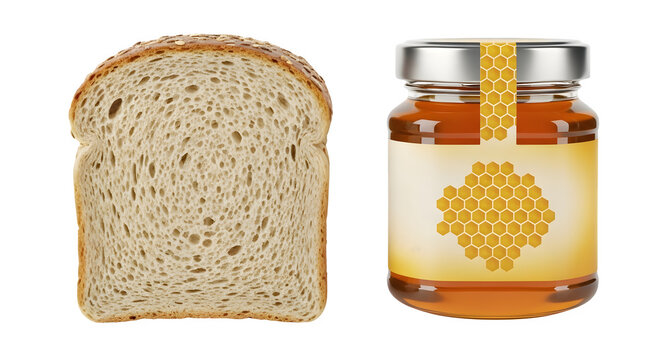 Fresh Sliced Bread and a Jar of Sweet Honey Isolated on a Transparent Background for Culinary Projects