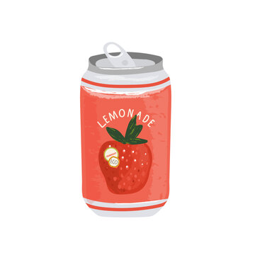 Strawberry lemonade can with fruit label isolated on white background in hand drawn vector style