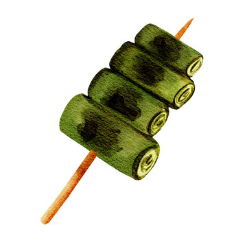 Watercolor Japanese Negi Leek Yakitori Skewer Illustration