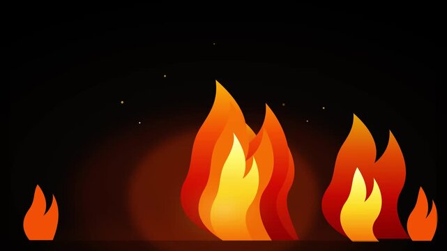 Bright orange campfire flames burning intensely against a dark background in motion video.