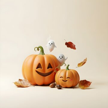 Adorable escena de Halloween con calabazas sonrientes, peque&ntilde;os fantasmas tiernos y hojas de oto&ntilde;o sobre un fondo beige claro