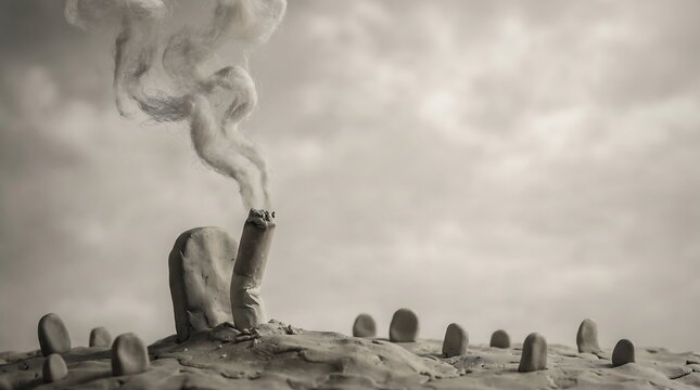 Conceptual clay sculpture illustrating smoking dangers with a cigarette butt acting as a grave marker in a graveyard