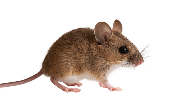 Small brown house mouse with long tail and whiskers standing in profile
