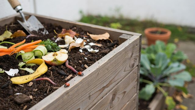 Organic compost bin with food scraps and garden waste, wooden composting box for eco friendly gardening, soil recycling concept