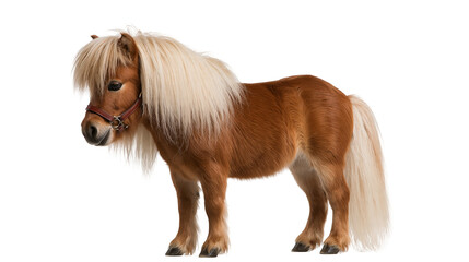 Brown miniature pony with long blonde mane and tail wearing a leather halter © Motruc