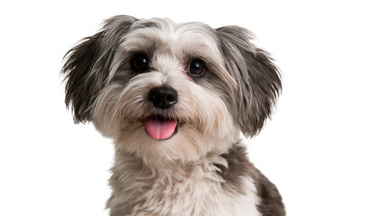 Fluffy grey and white Havanese dog portrait with tongue out © Motruc