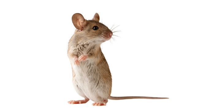 Small brown house mouse standing on hind legs looking to the side