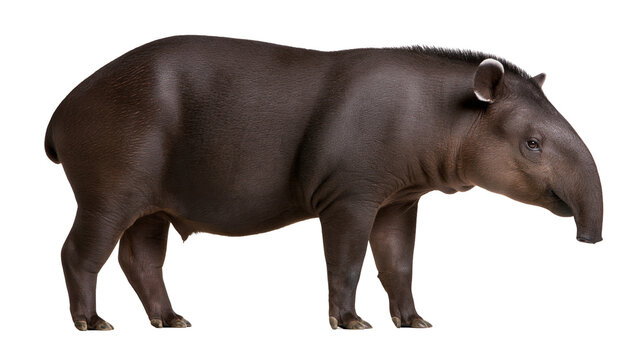 South American tapir standing in profile with dark brown fur and prehensile snout