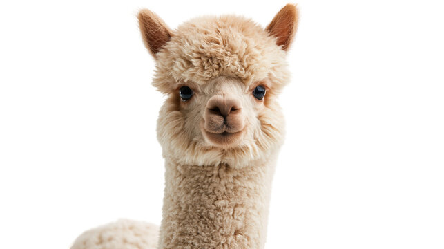 Fluffy beige alpaca head portrait with soft woolly fur and dark expressive eyes