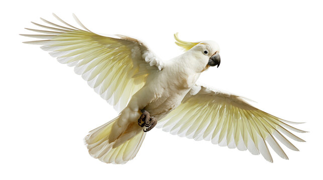Sulphur-crested cockatoo flying with wings spread wide