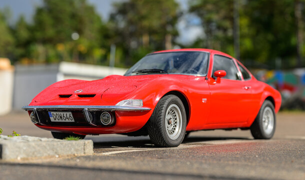 Trollh&auml;ttan, Sweden - August 22 2026: Red classic Opel GT coupe photographed from front.