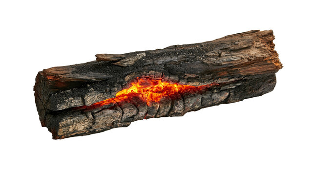 Smoldering charred wooden log with glowing orange embers and cracks