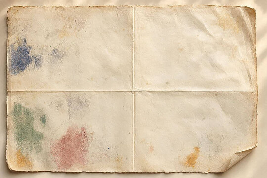 Blank Folded Antique Parchment Sheet with Soft Color Smudges and Curled Edge