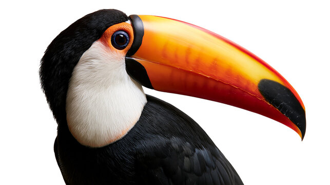 Toco toucan profile portrait with vibrant orange beak and black and white plumage