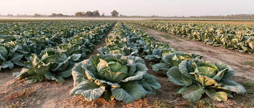 Rows of mature cabbage heads stretching across a farm field at dawn