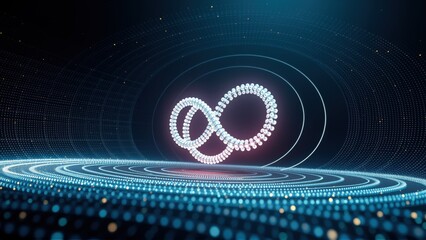 Fototapeta premium Bright infinity symbol floats above digital landscape. Glowing lines create futuristic, abstract scene. Dots form tunnel effect.