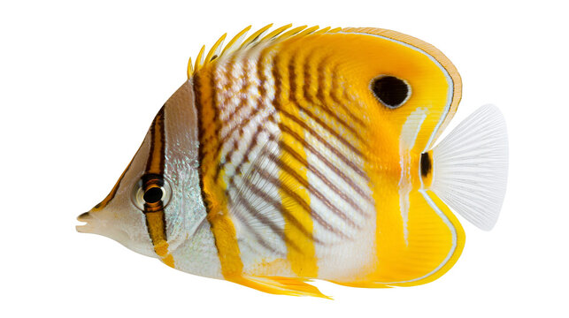 Yellow and white threadfin butterflyfish with black eye spot and striped pattern
