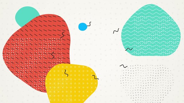 Abstract memphis style animation with floating organic shapes and squiggly lines on dotted background.