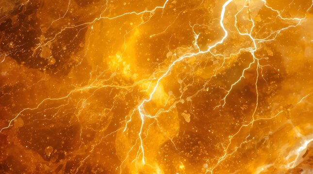 A surreal and vibrant cinematic macro photograph captures an ultra-detailed translucent amber mineral texture with dynamic glowing lightning and light particles