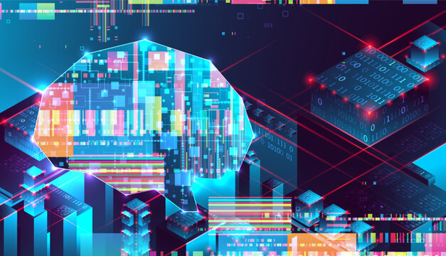 Futuristic AI brain and data center isometric.