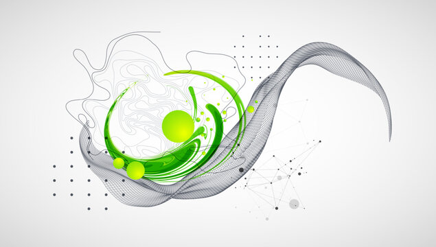 Abstract background with fluid green shapes, wireframe 3D grid wave, topographic lines and plexus network