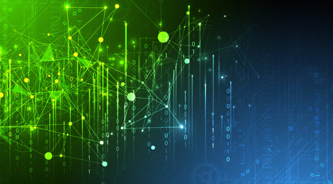 Abstract futuristic technology background with digital network nodes and binary data stream