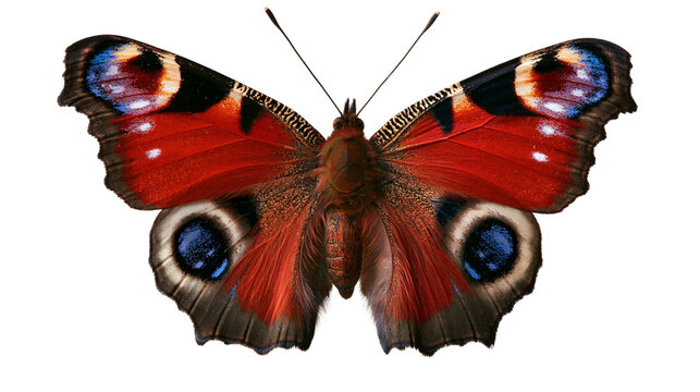 Peacock butterfly with vibrant red wings and distinctive blue eyespot patterns