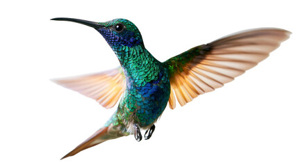 Iridescent green and blue hummingbird in flight with spread wings © Motruc