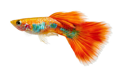 Vibrant orange and iridescent blue guppy fish with flowing tail fin © Motruc