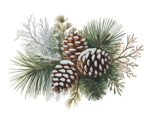 Fototapeta premium Watercolor Pine Cone with Snow, Rustic Winter Nature Illustration, Vector Illustration Isolated on White Background