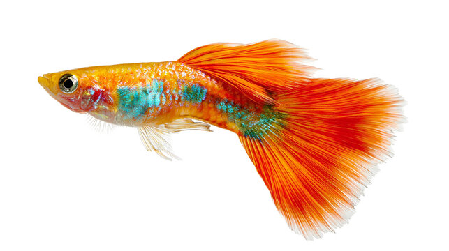 Vibrant orange and iridescent blue guppy fish with flowing tail fin