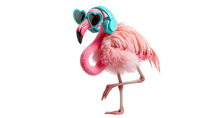 Pink flamingo wearing heart shaped sunglasses and light blue wireless headphones © Motruc