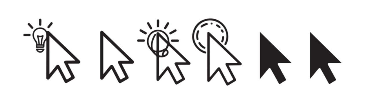 Black outline arrow cursors with lightbulb ideas and click indicators for web navigation designs.