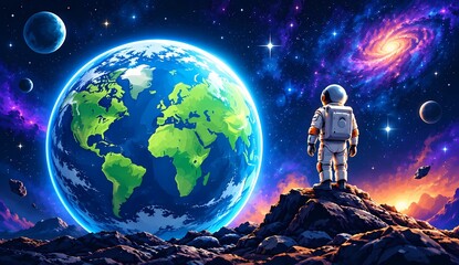 Fototapeta premium Astronaut Standing on Planet Surface Looking at Planet Earth in Deep Space 
