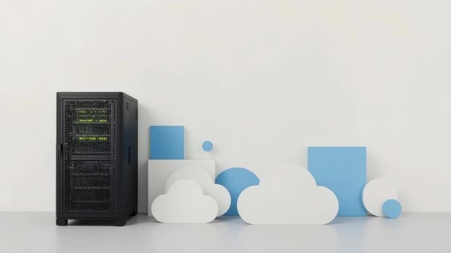 Server Computer Tower with Colorful Cloud Decoration, White Data Center Equipment Background