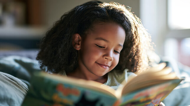 Young Black girl reading colorful book by bright window, smiling with quiet focus in cozy bedroom during candid lifestyle moment